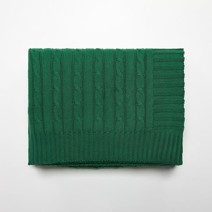 100% Cotton Cable-Knit Throw Blanket: 60" x 70", Ultra Soft, Breathable, All-Season Comfort & Versatility, Ideal for Couch, Bed, Travel and Gifting (Green)