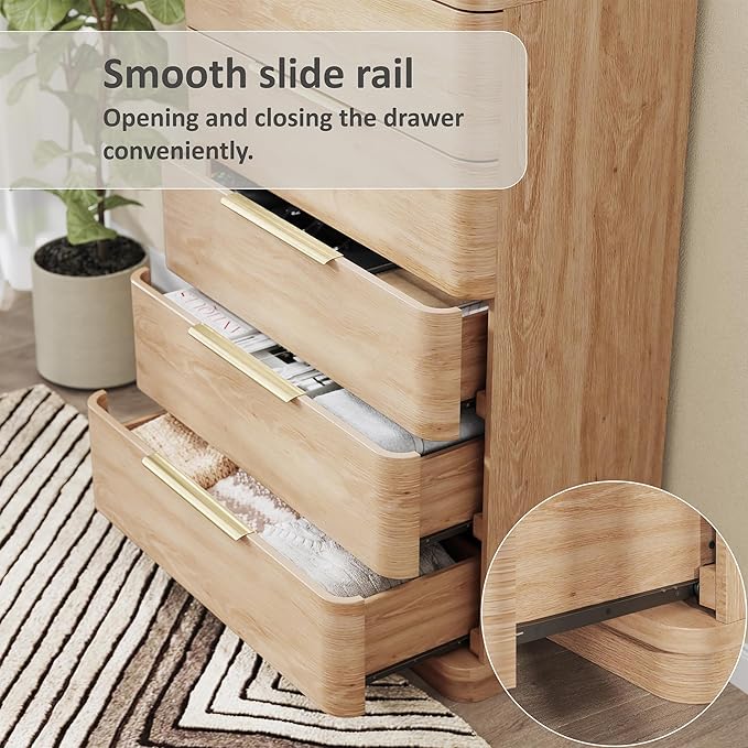 5 Drawer Dresser for Bedroom, 45" Tall Modern Chest of Drawers with Metal Handle, Curved Profile Design, Wooden Closet with Large Drawers Dressers Organizer for Entryway Hallway