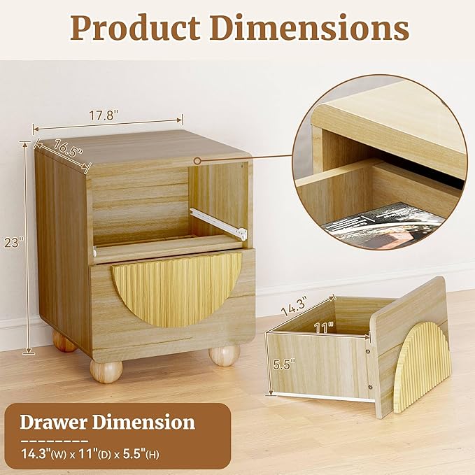 23" Nightstand with Solid Wood Legs, Modern Style Bedside Table with Round Moon Handle & Storage, Mid Century Cute Night Stand for Bedroom, Side Table, End Table, Natural Oak