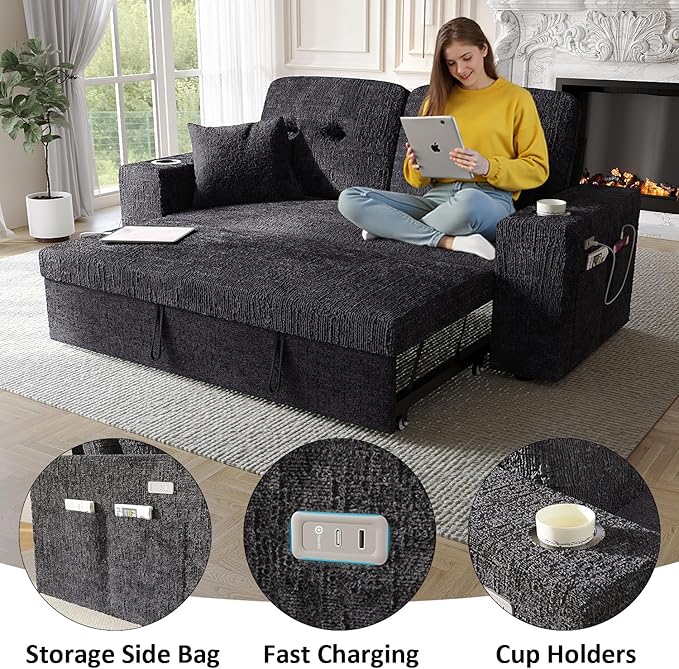 63 Inch Sleeper Sofa Bed, 4 in 1 Pull Out Couch Bed with Adjustable Backrest, Small Loveseat with Wide Armrest | USB Charging | Side Pockets | Cup Holders | Tool Free Assembly, Navy Blue