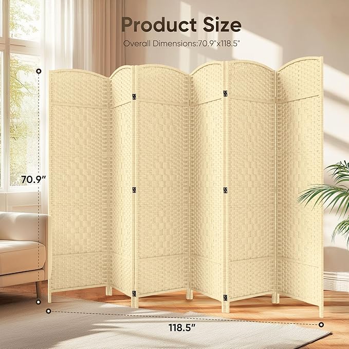 JOSTYLE 6ft. Tall Extra Wide , Folding Privacy Screens with Diamond Double-Weave and Freestanding Room Dividers (Ivory, 6-Panel)