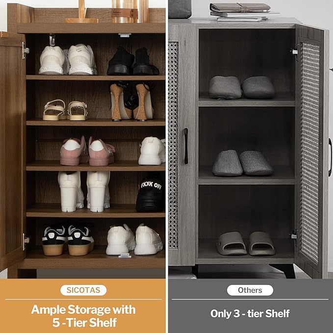 SICOTAS Shoe Cabinet Set of 2, Large Capacity Shoe Storage Organizer Cabinet, Tall Rattan Shoe Cabinet with Doors and Shelves, 6-Tier Farmhouse Boho Wooden Storage Cabinet for Entryway Hallway