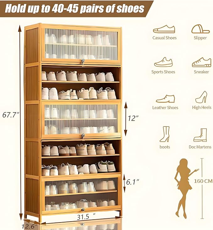 Tall Shoe Cabinet with Clear Doors, Large Capacity Bamboo Shoe Cabinet, 40-45 Pairs Shoe Rack Organizer for Closet Entrance, Hallway, Living Room, Bedroom