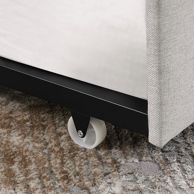 Favfurish Upholstered Twin Size Daybed with Twin Trundle, Solid Wooden Sofa Bed Frame w/Button Tufted Backrest and Copper Nail on Waved Shape Arms, No Spring Box Need, Space-Saving Design