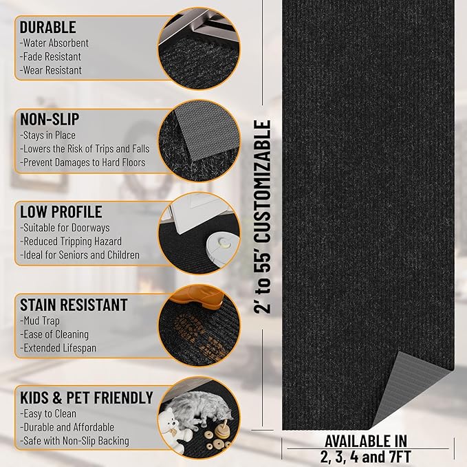 Ottomanson 2' x 19' Hallway Runner with Scraper Pile Extra Durable Non-Slip Rug Mat for Indoor & Outdoor Use - Ideal for Kitchen, Entryway, Patio & Garage - High-Traffic Carpet, Black