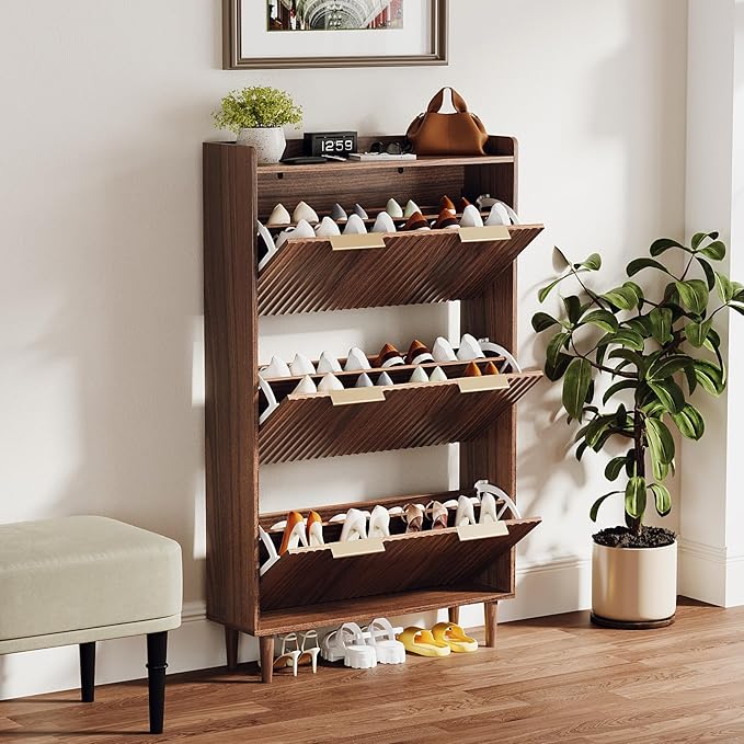 VINGLI Fluted Shoe Storage Cabinet for Entryway with 3 Flip Drawers, Narrow Shoe Organizer with Fluted Panel, Freestanding Wood Hidden Shoe Cabinet for Foyer, Hallway (Dark Walnut, 3 Flip Drawers)