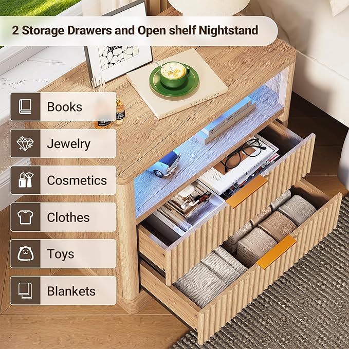 ELYKEN Wood Fluted Nightstand with Charging Station & LED Light, 24" Wide Night Stand for Bedroom, LED 2 Drawer Bedside Table with Power Outlet