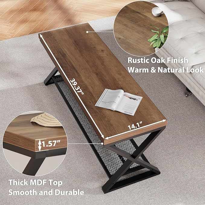 LVB Entryway Shoe Bench with Storage, 39” Entryway Bench for Foyer Hallway, Farmhouse Wood and Metal Indoor Bench for Entrance, Shoe Rack Storage Bench with Sitting for Living Room, Rustic Oak, 39 in