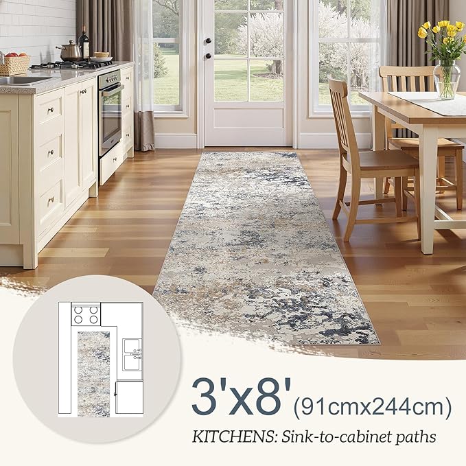 Washable Runner Rug for Hallway: 3x8 Neutral Modern Abstract Low Pile Area Rug with Non-Slip Backing - Carpet for Bedroom Kitchen Laundry Entryway Bathroom Indoor - Beige Blue