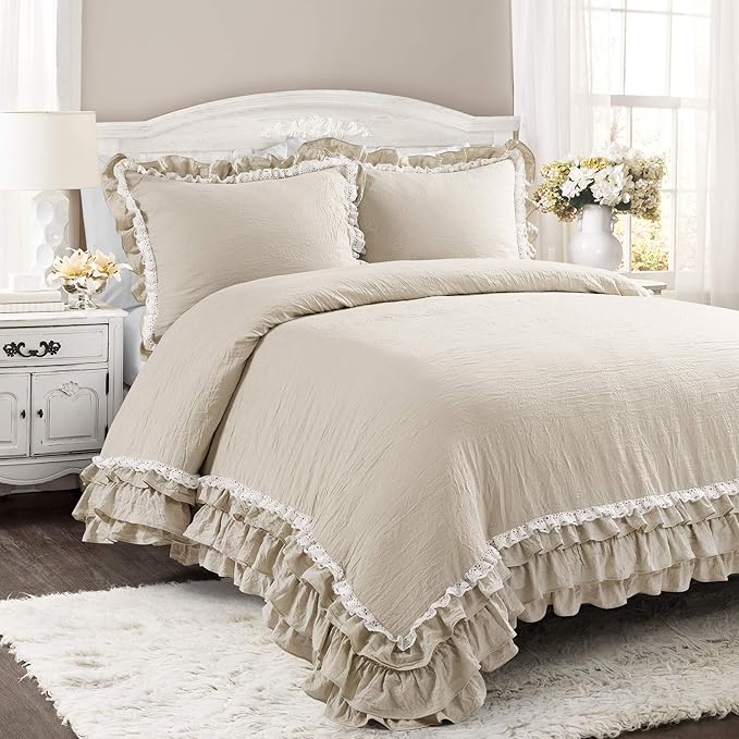 Lush Decor Ella Ruffle Lace Comforter, 3 Piece Set, King, Neutral - Cute Comforter - King Bedding Set - Beige Bedding - Coquette Decor - Beige Lace Trim - Ruffle Trim