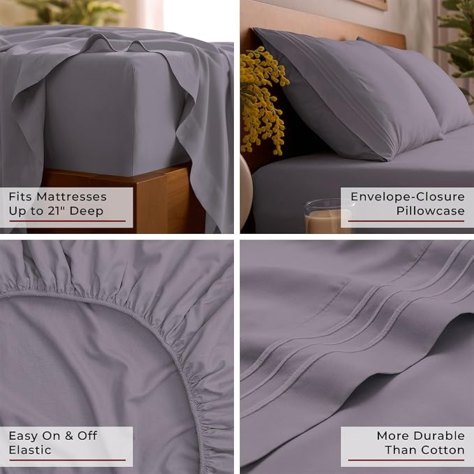 Mellanni Full Sheet Set - 6-Piece Iconic Collection Bedding, (Including 4 Pillowcases), 21-Inch Extra Deep Pocket, Easy Care, Ultra Soft, Cooling Sheets, Brushed Microfiber - Hazy Lilac