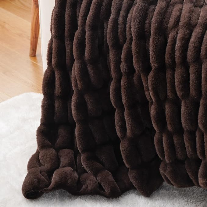 BATTILO HOME Dark Brown Faux Fur Throw Blanket for Couch, Double Side Reversible Ruched Rabbit Fur Blanket for Couch, Bed, Sofa, Soft Warm Mink Cozy Blanket, 50x60 Inch