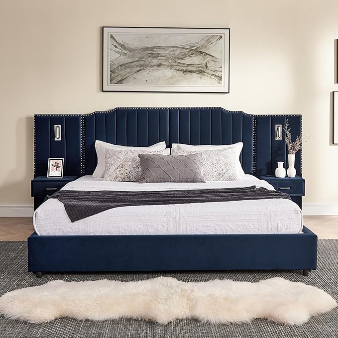 King Size Bed Frame with Storage, Luxury King Platform Bed Frame with Headboard, Velvet Fabric Upholstered Bedframe with LED Lights, Solid Frame & Bedside Table,No Box Spring Needed,Dark Blue