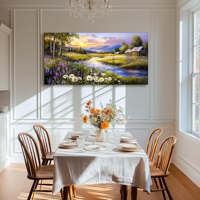 SERIMINO Large Wall Art for Living Room, River Landscape Wall Art, Meadow Wildflower Canvas Art Prints, Countryside Sunset Paintings Wall Decor for Bedroom, Farmhouse Kitchen Decor Pictures 24"X48"
