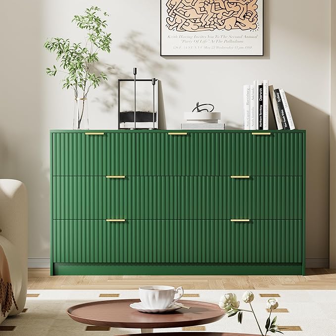 Green Dresser for Bedroom, Modern Dresser with 7 Drawers and Smooth Slides, Wide Chest of Drawers with Golden Handles for Bedroom, Living Room, Closet, 15.7" D x 55.1" W x 31.4" H