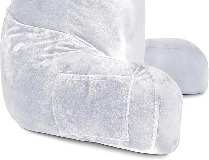 Husband Pillow Light Grey, Original Reading Pillow in Bed Rest Chair, Shredded Memory Foam Large Lounge Cushion Adult Backrest with Arms, Comfy Back Support for Sit Sitting Up, Wash/Removable Cover