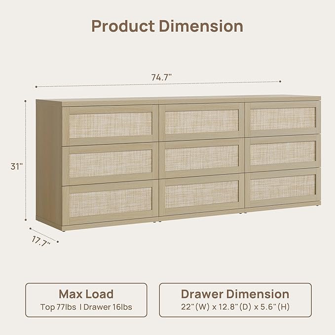 SICOTAS Dresser for Bedroom - 75" Wide 9 Drawer Dresser Rattan Dressers & Chests of Drawers Boho Drawers for Bedroom Bedside Table Clothes Long Closet Storage for Closet Hallway Entryway