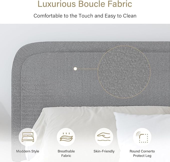 BarnFurin Twin Size Bed Frame, Boucle Upholstered Platform Bed with Headboard, Modern Style, Soft Rounded Corners, No Box Spring Required, Easy Assembly, Light Grey