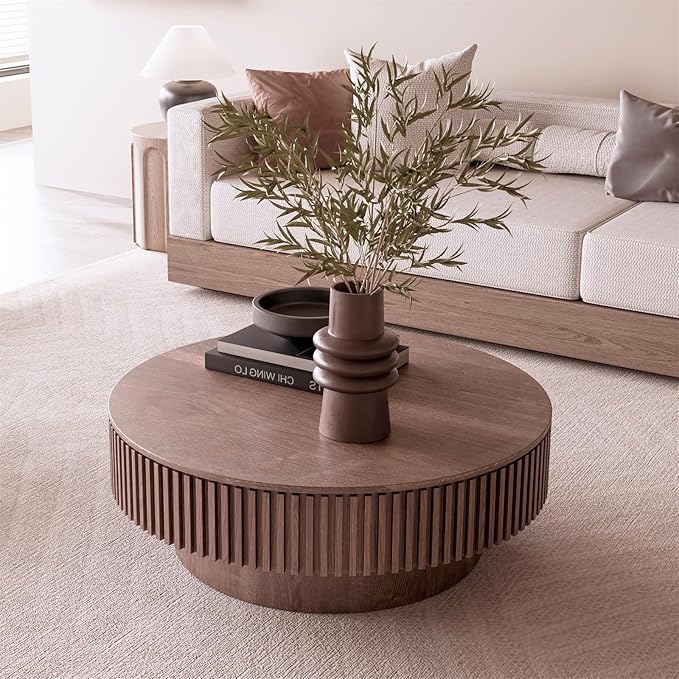 LKTART Round Coffee Table for Living Room, Accent Fluted Drum Coffee Table with Storage, Modern Solid Wood Veneered Circle Center Tea Table for Small Space Apartment (39.4''D×14''H-Walnut)