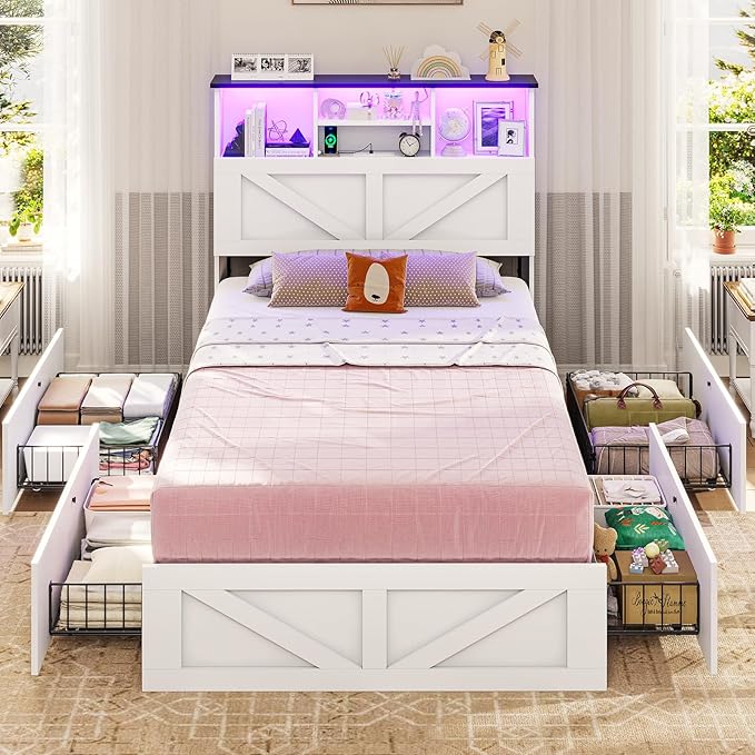 VIAGDO Farmhouse Bed Frame Twin Size with Bookcase Storage Headboard, Charging Station and LED Lights, Wooden Twin Bed Frames with 4 Drawers, Barn Door Design, No Box Spring Needed, No Noise, White