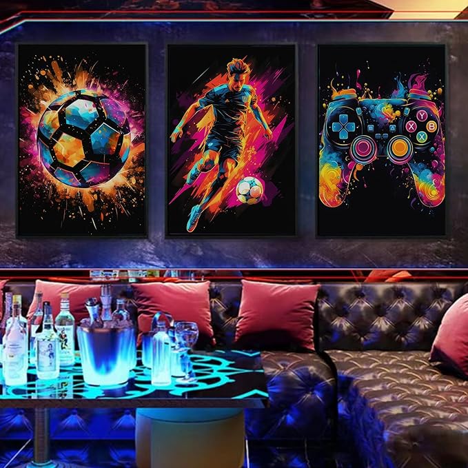 Canvas Wall Art Poster Decor, Paintings Art Game Controller Color Splash Ink Canvas Painting, Posters for Room Aesthetic, Soccer Wall Art for Boys Room Decor 12x16 - Unframed Set of 3