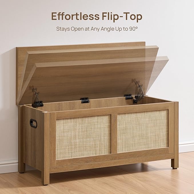 SICOTAS Rattan Storage Chest Set of 2-39.4" Storage Bench for Bedroom, Boho Storage Truck with 2 Safety Hinges and Flip Top for Living Room Entryway, Supports 220 lb, Oak, 2 PCS