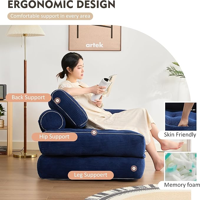 Plus Futon Sofa Bed for Small Spaces, Floor Couch with Armrest, Folding Sofa Couch, Convertible Sleeper Chair Bed with Pillow, Portable Comfy Floor Lounge for Living Room and Bedroom, Blue