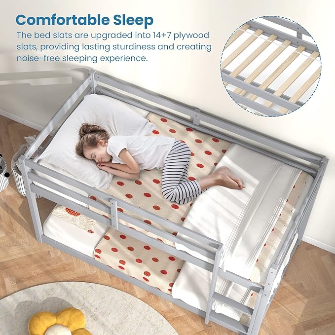 KOMFOTT Low Bunk Bed Twin Over Twin, Solid Wood Bunk Bed Frame with Built-in Ladder & Safety Guardrails, Space-Saving Low Bunk Bed for Kids, Teens, No Box Spring Needed