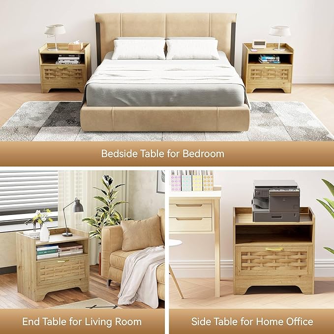 24" Rattan Nightstand with Storage Drawer, Oak Bedside Table with Semi Open Cubby, Boho Night Stand with Farmhouse Arched Base for Bedroom, Side Table, End Table for Dorm