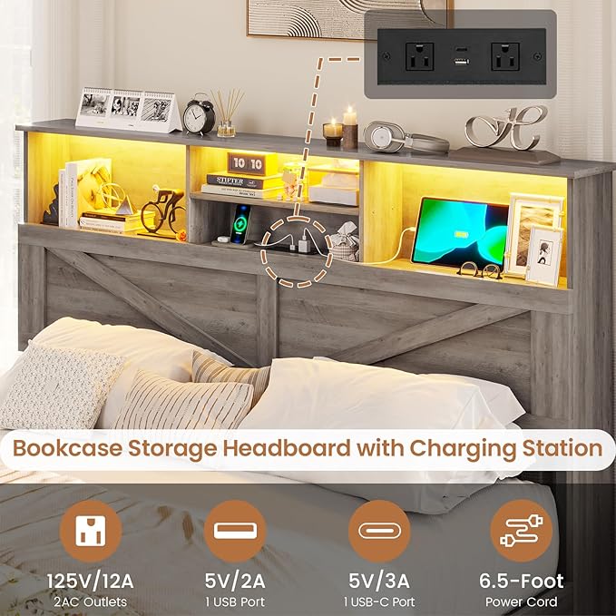 VIAGDO Farmhouse Bed Frame Full Size with Bookcase Storage Headboard, Charging Station and LED Lights, Wooden Full Bed Frame with 4 Drawers, Barn Door Design, No Box Spring Needed, No Noise, Grey