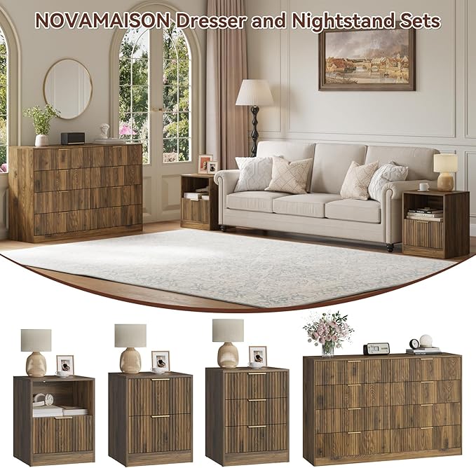8 Drawer Dresser & Nightstand Set 3-Piece, 55” Wide Bedroom Dresser Set Night Stand Set of 2 with Metal Handle, Fluted Modern Wood Chest of Drawers Storage Dressers Set for Bedroom, Walnut