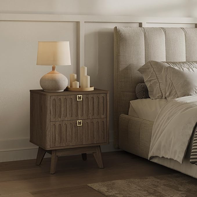 SICOTAS Nightstand Set of 2, Modern Bedside Tables with 2 Drawers, Stable Bedroom Nightstands with Textured Drawer Front and Gold Hardware for Bedroom, Apartment