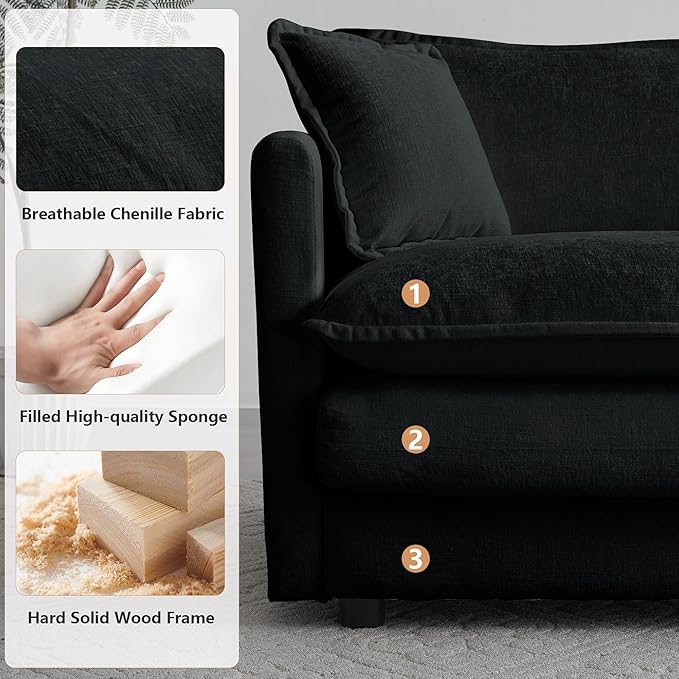 mikibama 41.4 Inch Single Seat Sofa, Chenille Comfy Deep Upholstered Couch Armchair with Toss Pillow for Living Room Bedroom Office Apartment, Black