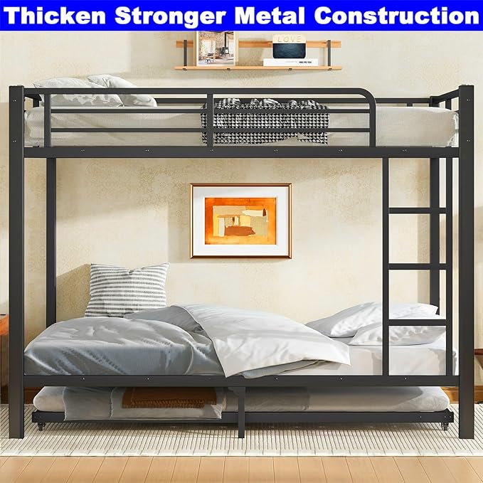 Upgraded Version Thicken Heavy Duty Metal Full Over Full Bunk Bed with Twin Size Trundle, Modern Style Stronger Full Size Bunk Bed Frame for Adults, Easy Assembly (Full)