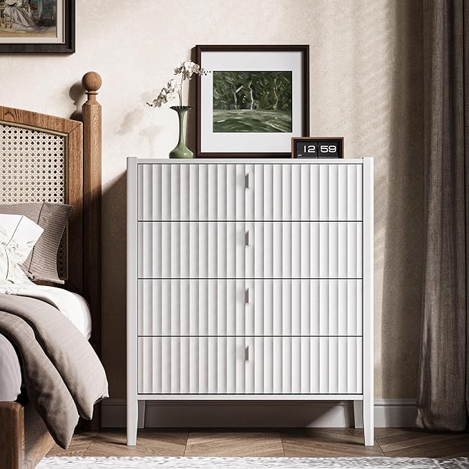 White 4 Drawer Dresser, Modern Chest of Drawers for Bedroom, Wood Fluted Dresser Organizer with Deep Drawers for Clothes, Nightstand for Bedroom, Hallway, Living Room, Entryway