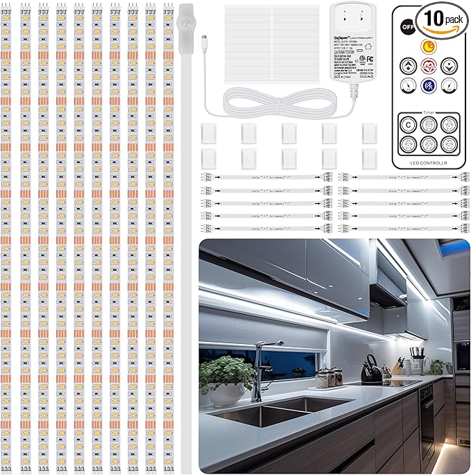 LAFULIT 10 PCS Under Cabinet Lights Kit, Motion Sensor LED Strip Lights with Remote, Dimmable and Timer White Counter Lights for Kitchen Cabinets, Cupboards, Closets, Stairs, Shelf, Desk, and Bed