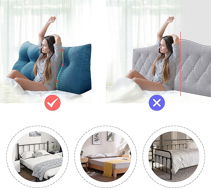homecozy Wedge Headboard Pillow Dorm Room Reading Pillow Back Support for Sitting Up in Bed Bolster Lumbar Cushion Body Positioning Bedrest Cotton Linen 54in Blue Full