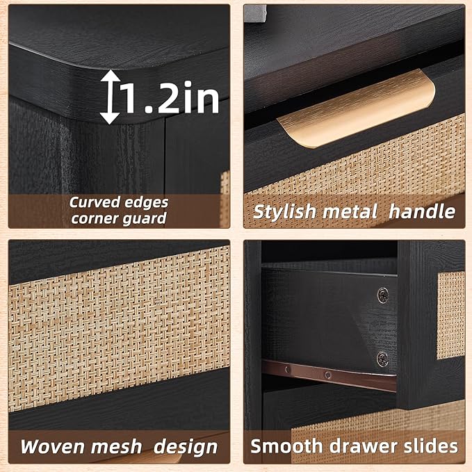 LEYAOYAO Rattan Night Stand with Drawers, 23" Large 3 Drawer Boho Nightstand, Black Bedside Table Storage Cabinet, Bed Side End Tables Dresser for Bedroom, Living Room, Hallway, Closet