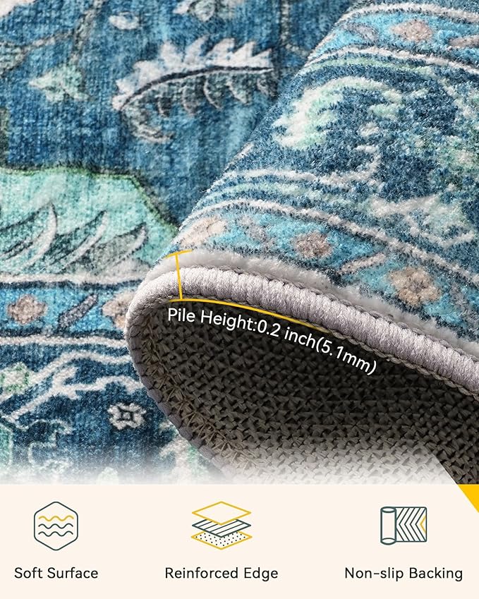 Area Rugs Square 7ft Washable Non-Slip, Floral Vintage Distress Print Pattern Medallion Carpet for Living Room Bedroom Dining Room, Teal Green Lake Blue Turquoise