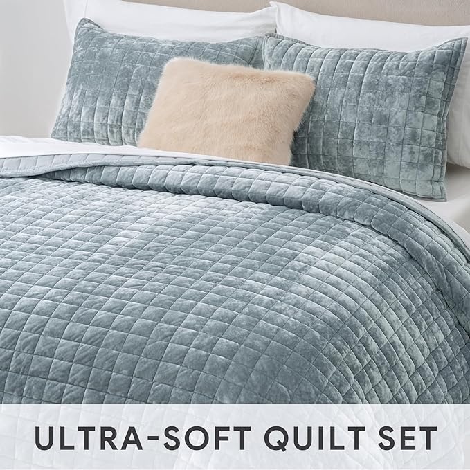 RECYCO Luxury Velvet Quilt Set Twin/Twin XL Size Bedding Sets, Ultra Soft Velvet Comforter Set, Lightweight Channel Box Stitch Oversized Bedspread Coverlet for All Season, with 1 Sham, Blue Linen
