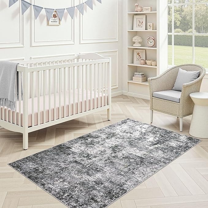 Area Rug Living Room Rugs - 3x5 Large Soft Indoor Neutral Modern Abstract Low Pile Washable Rug Carpet for Bedroom Dining Room Farmhouse Home Office - Grey