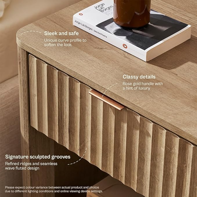 mopio Brooklyn Fluted Nightstand, Modern Farmhouse Nightstand, Small Side, Wood Bedside Table with Drawer, End Table with Storage, Fluted Night Stand, Curved Profile (Golden Oak, Set of 2) | Bedside Table, Drawer, End Table, Storage, Fluted Panel, Curv...