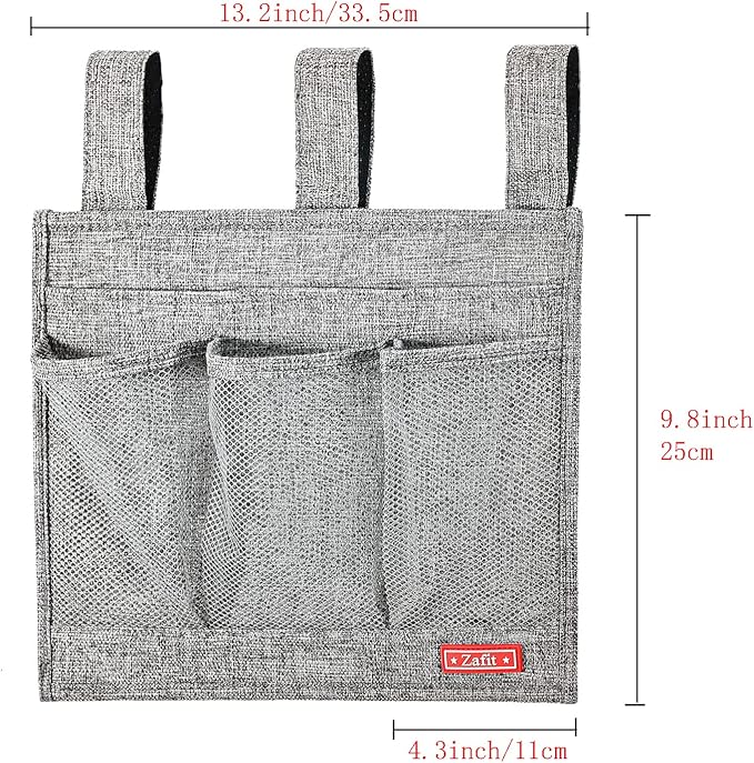 Zafit Linen Bedside Caddy, Bedside Storage Organizer for Hospital Beds, College Dorm Rooms or Baby Bed (Classic 4 Pockets Grey)