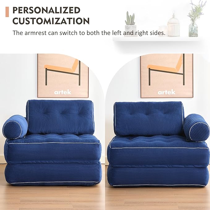 Plus Futon Sofa Bed for Small Spaces, Floor Couch with Armrest, Folding Sofa Couch, Convertible Sleeper Chair Bed with Pillow, Portable Comfy Floor Lounge for Living Room and Bedroom, Blue