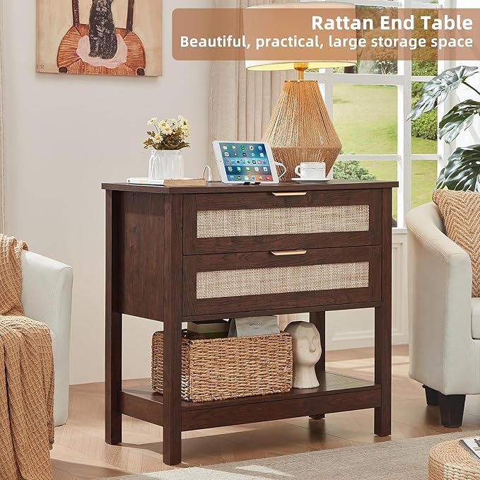 LEYAOYAO 31.5" Wide Rattan Night Stand, Large Boho Nightstand, Bedside Table with Storage, Tall Bed Side End Tables, Chest of Drawers for Bedroom, Living Room, Hallway（Walnut,2 Drawers with Charger,2）