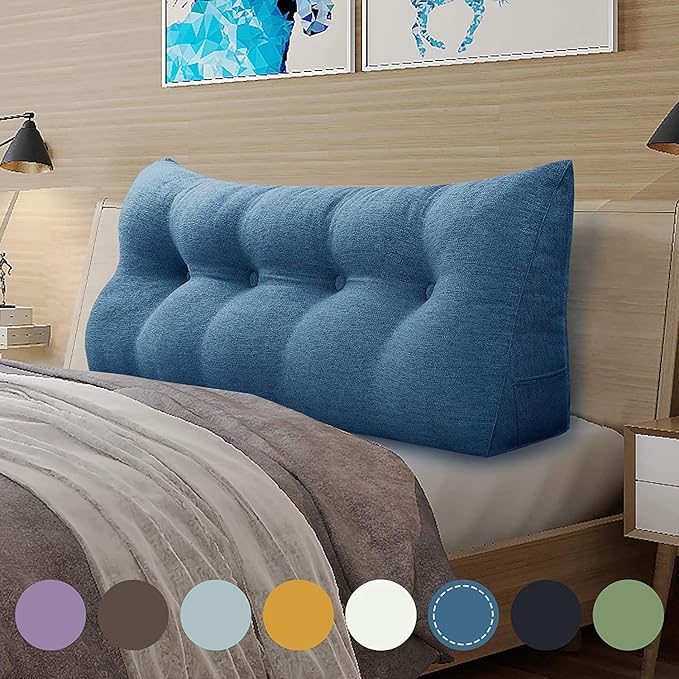homecozy Wedge Headboard Pillow Dorm Room Reading Pillow Back Support for Sitting Up in Bed Bolster Lumbar Cushion Body Positioning Bedrest Cotton Linen 59in Blue Queen