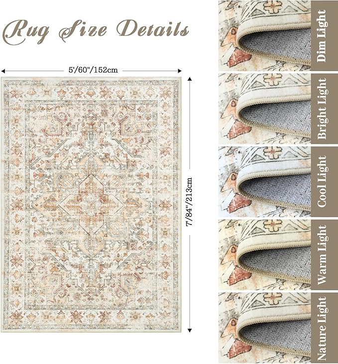 zesthome 5x7 Washable Rug-Stain Resistant Area Rugs for Living Room, Ultra-Thin Vintage Rugs, Non-Slip Backing Rug, Low Pile Large Area Rug, Boho Home Decor