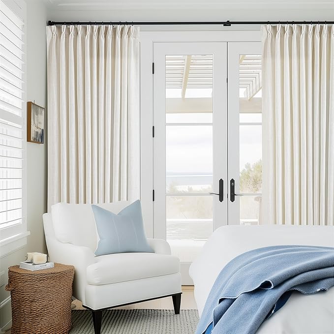 Pinch Pleated Extra Wide Curtain Panels 96 Inches Long 70 Wide Linen Curtain for Patio Sliding Glass Door Semi Sheer Cream Hooks Rings Privacy 96 Inch Length for Living Room 70x96 1 Panel