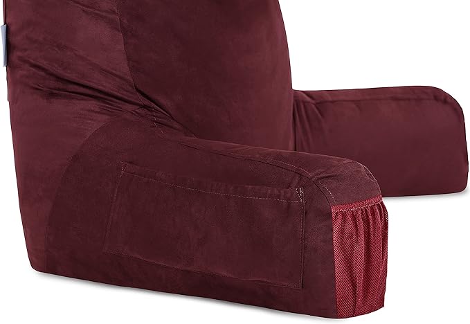 Husband Pillow Medium Aspen Edition Arizona Maroon, Sit Up Reading & Bed Rest with Arms, Ultra-Comfy, Detach Neck Roll - Premium Shredded Memory Foam Backrest, Reverses to Micro: Suede or Plush