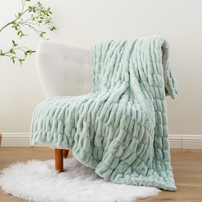 BATTILO HOME Faux Fur Throw Blanket for Couch, Super Soft Cozy Blanket, Double Side Ruched Rabbit Fur Blanket for Bed, Living Room, 60"x80", Sage Green